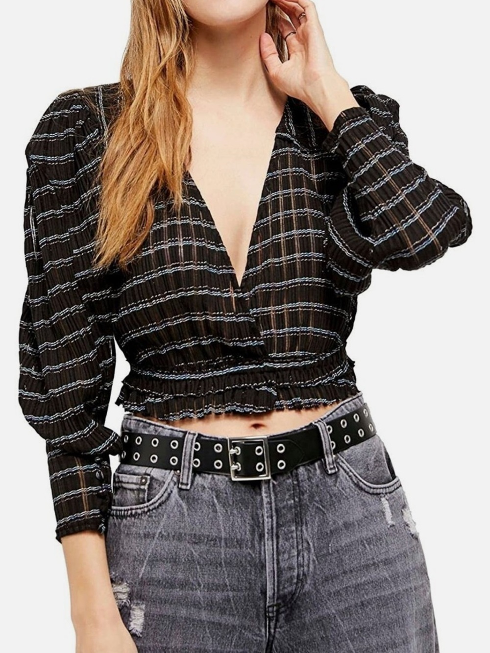Free People Girlfriend Black Striped Cropped V-Neck Smocked Top